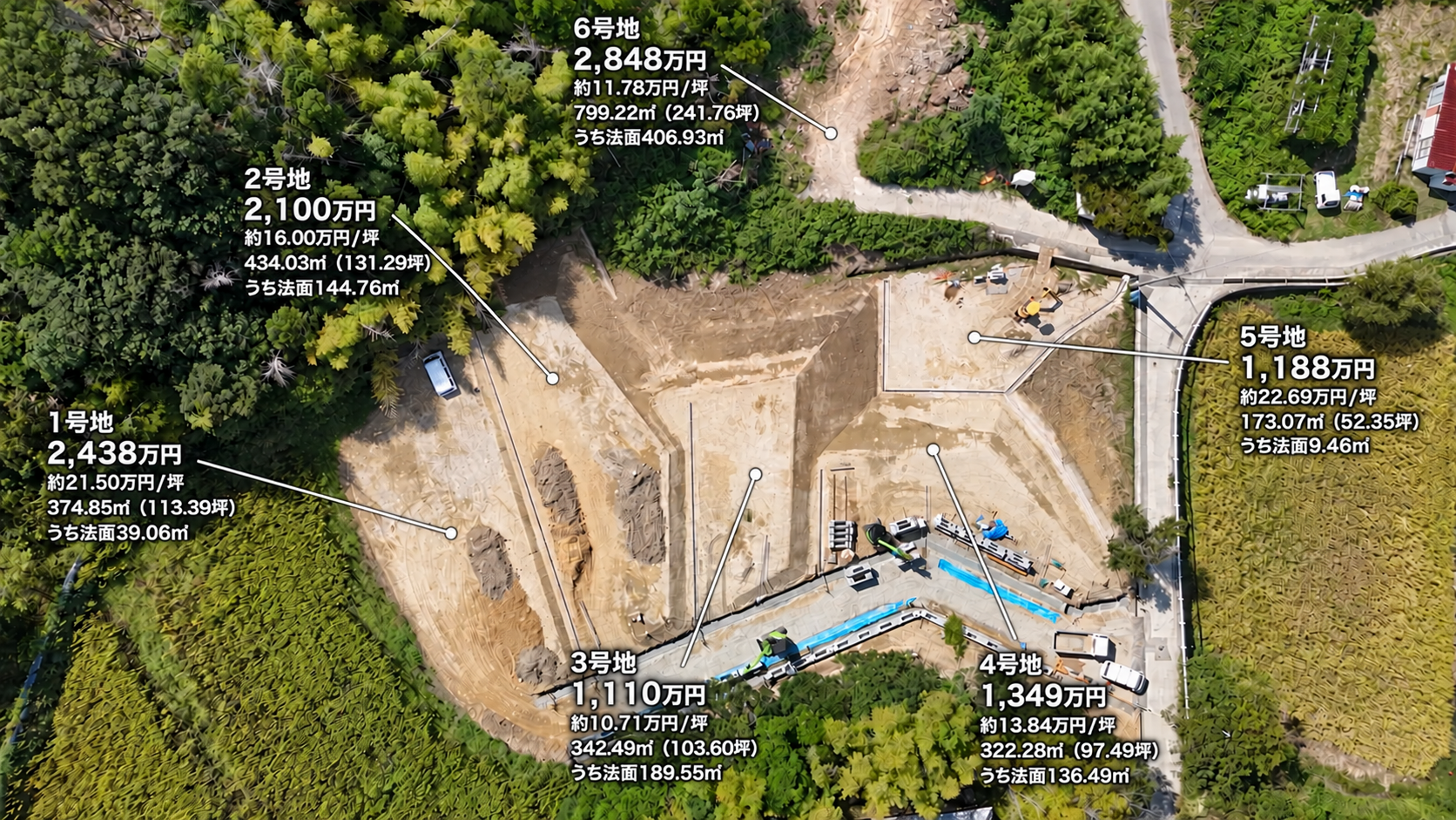 全6区画の販売案内｜号地・価格・面積・法面部分